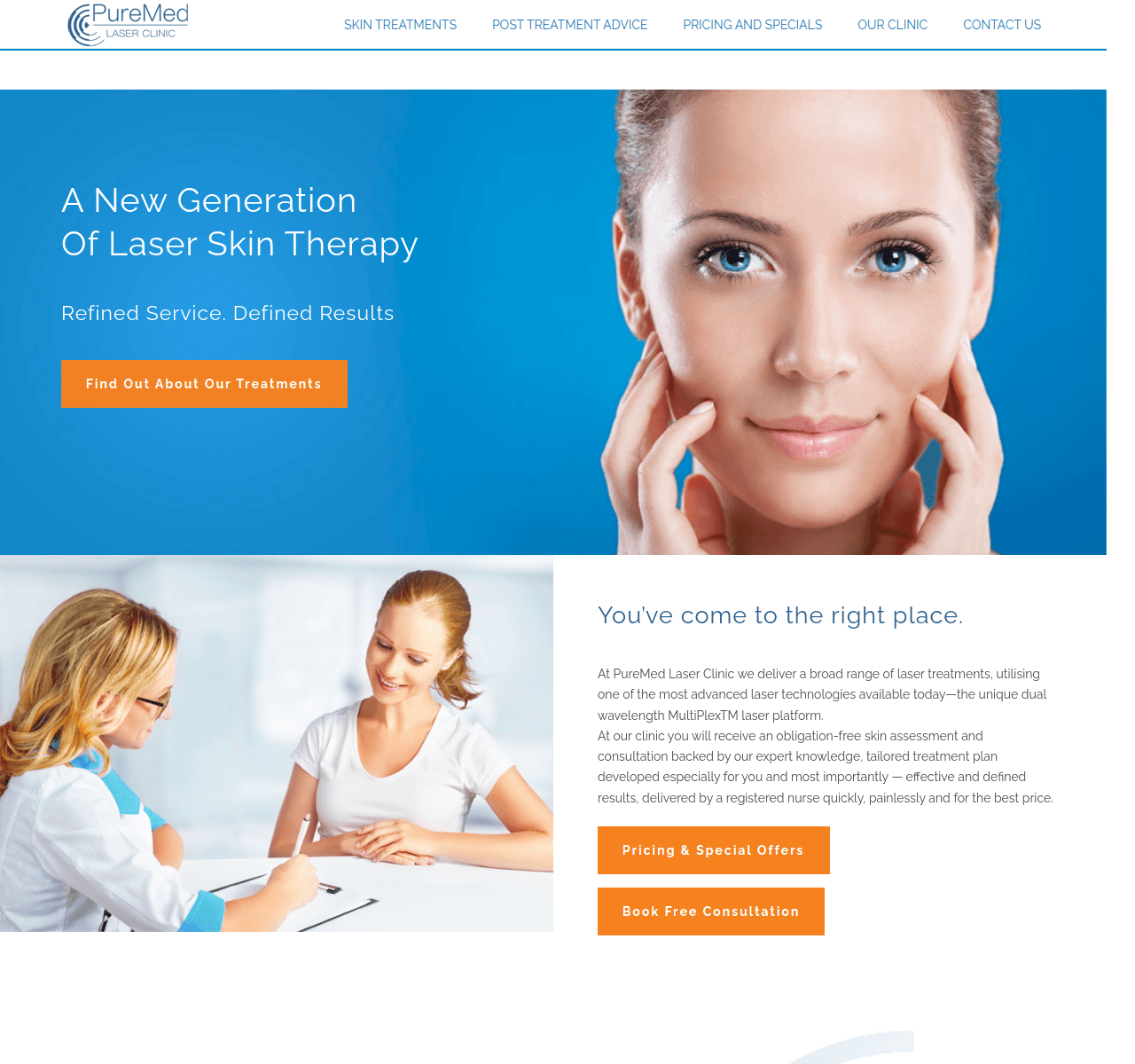 Skin clinic site with online consultation booking.